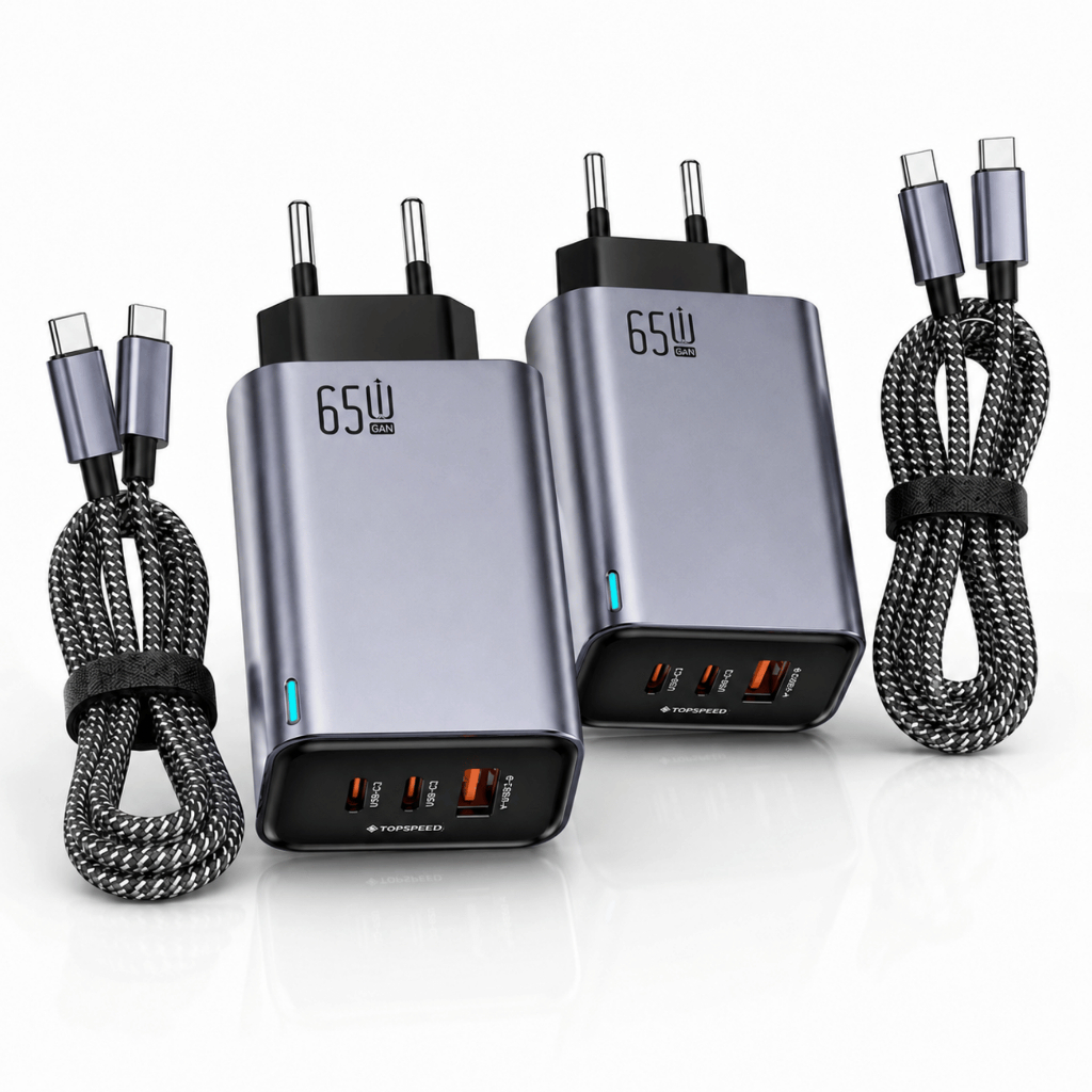 Carregador Turbo 65W 3 Portas 2 USB-C + USB Carga Rápida Com Cabo Tipo C Kit 2 unidades