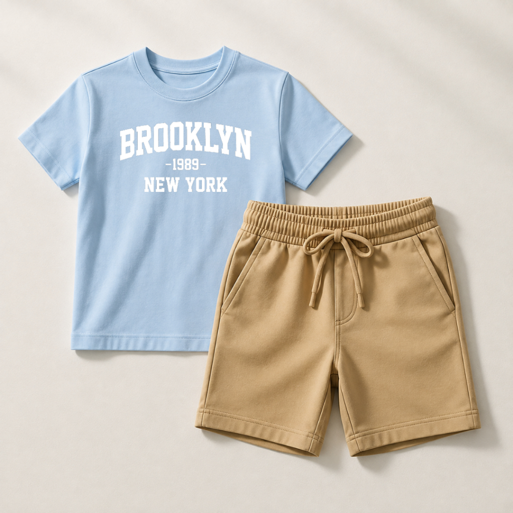 Conjunto Bermuda Bege Com Bolso + Camiseta Algodão "Brooklyn" Moda Infantil Kids Juvenil
