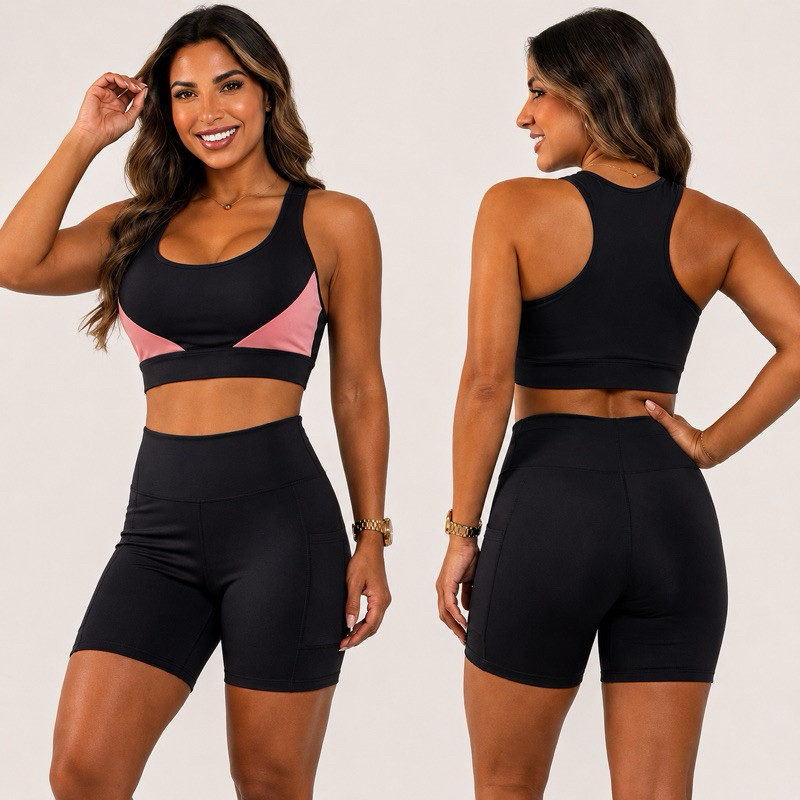 Conjunto Fitness Feminino Short e Top Cós Alto Modelador Alta Compressão Suplex Academia Conforto Premium