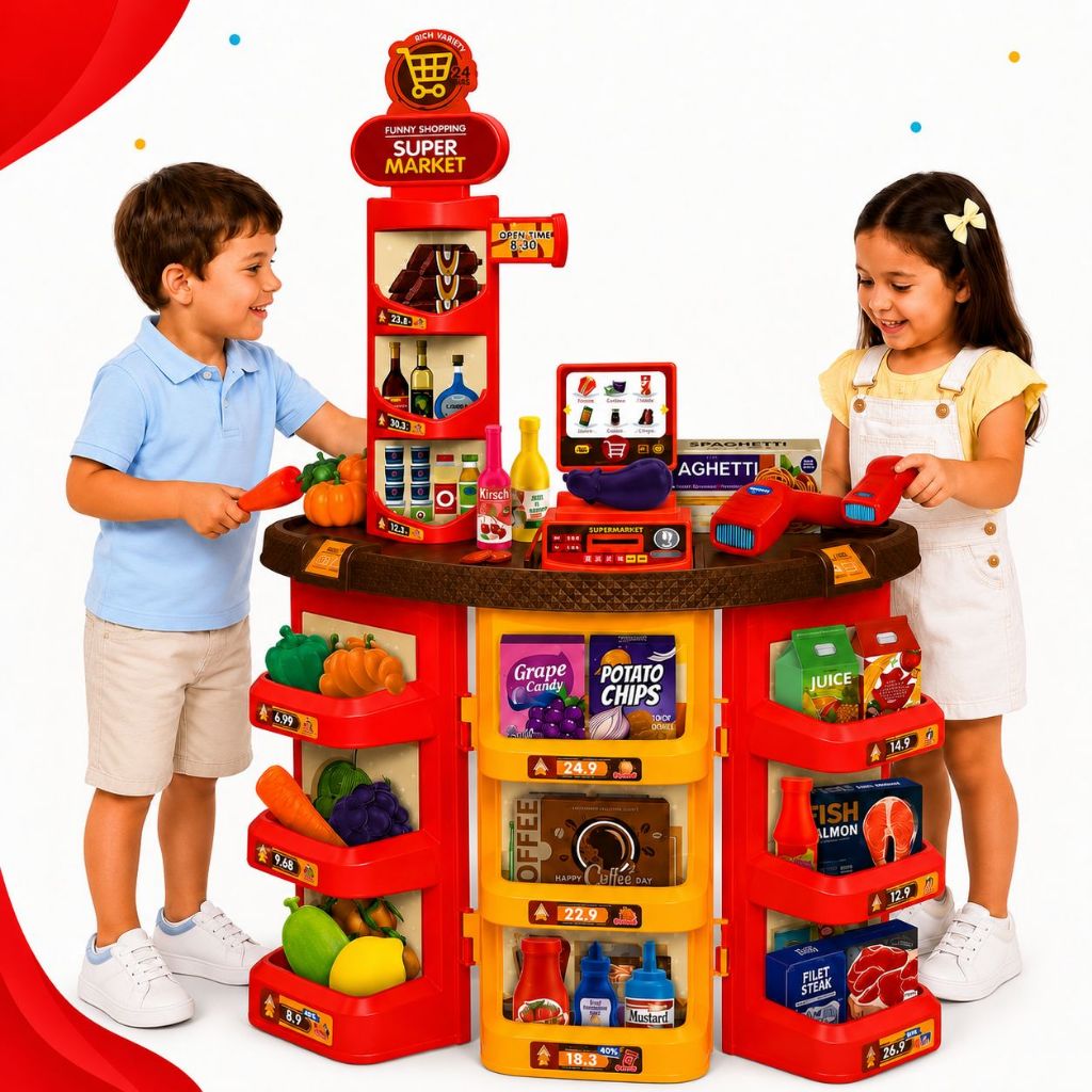 Mini Mercado Infantil Completo 62 Peças com Caixa Registradora Scanner Carrinho e Acessórios