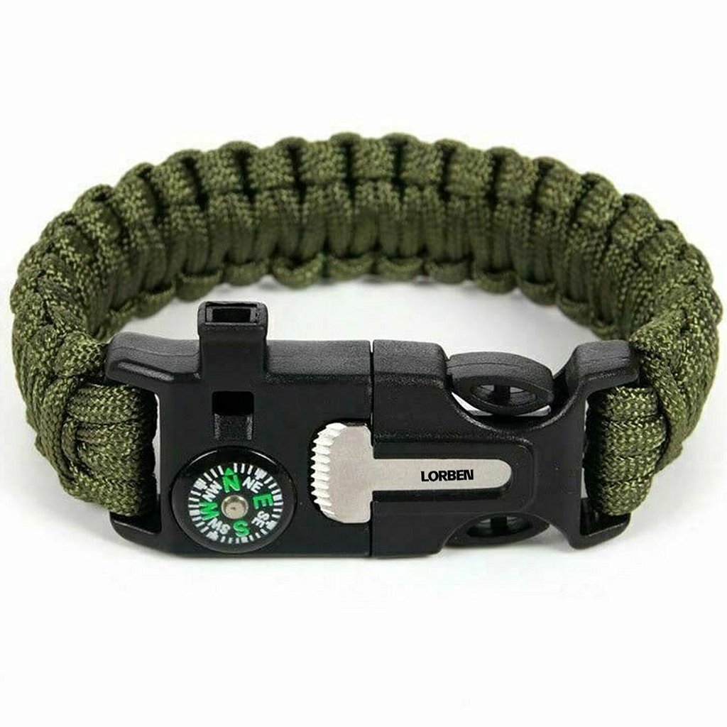 Pulseira Tática de Sobrevivência Lorben Bracelete Emergência Trilha Bússola Pederneira Faca Apito