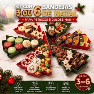 Kit com 3 ou 6 Bandejas de Árvore de Natal para Petiscos e Guloseimas