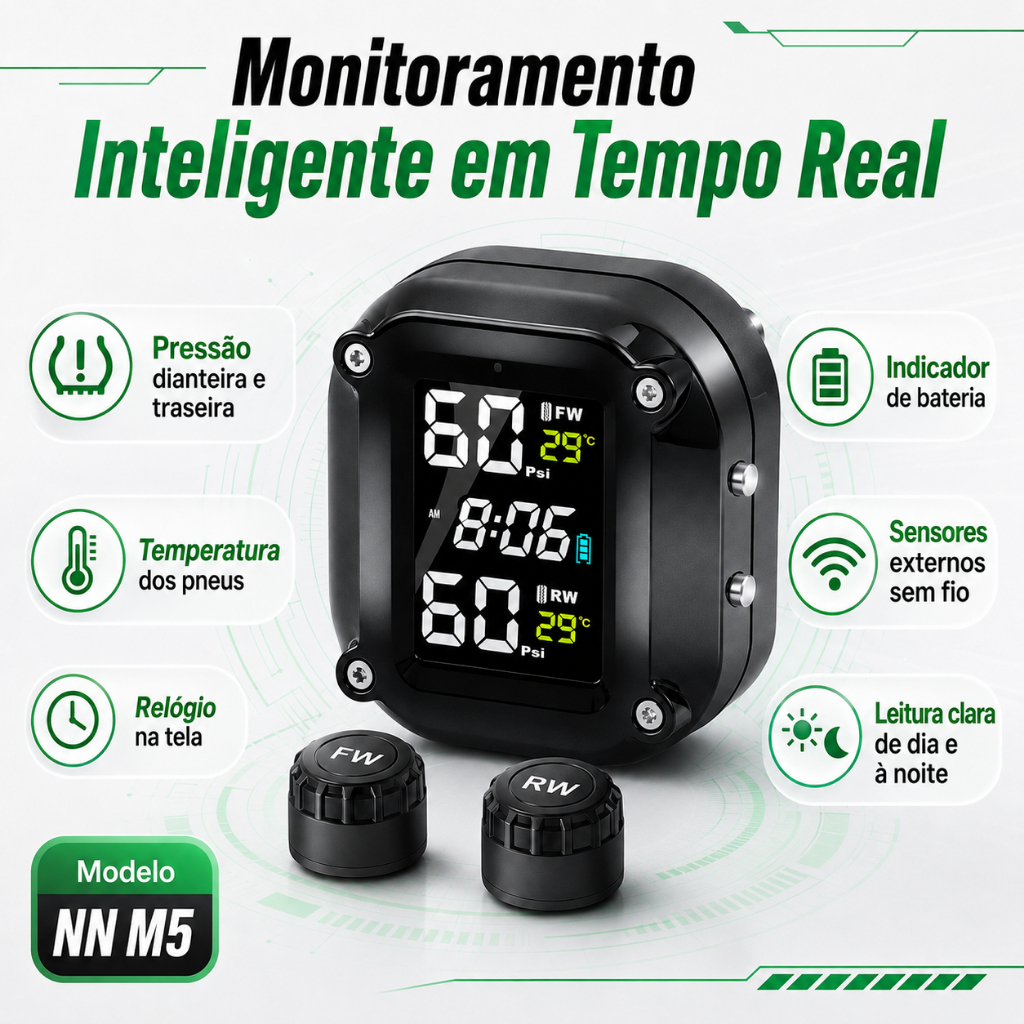 Monitor de Pressão dos Pneus Moto TPMS Sem Fio 2 Sensores IP67, Alarme 5 Modos, Temperatura Real e Recarga Magnética