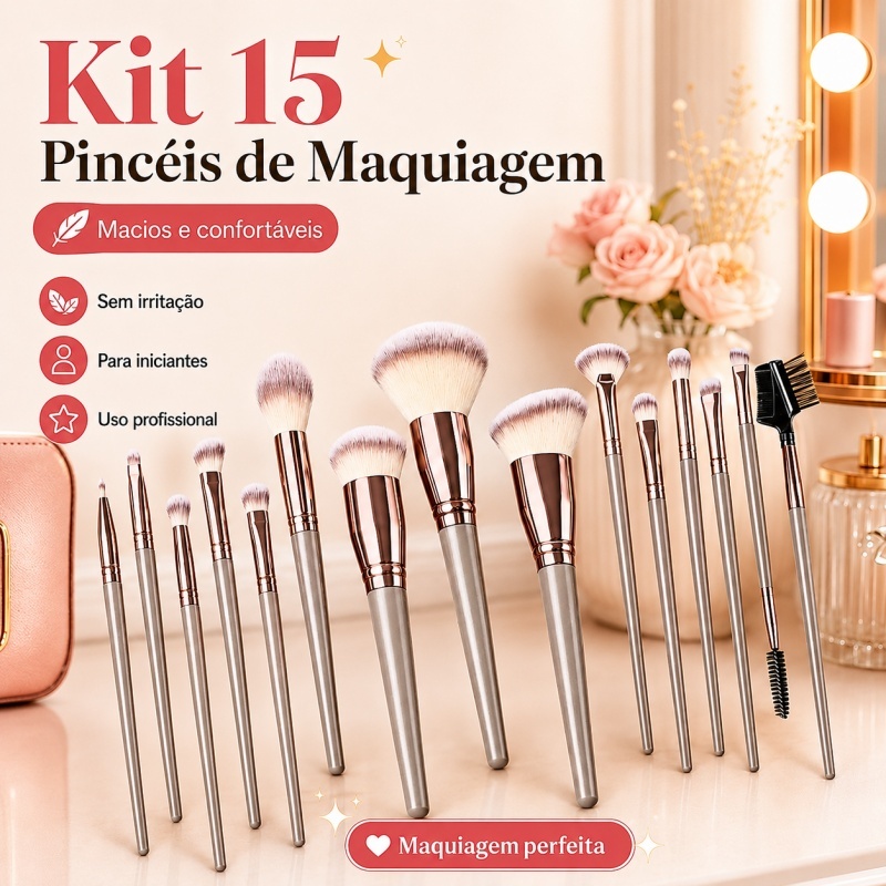 Kit 15 pincéis de maquiagem profissional cerdas macias sem irritação ideal para iniciantes e amantes de beleza