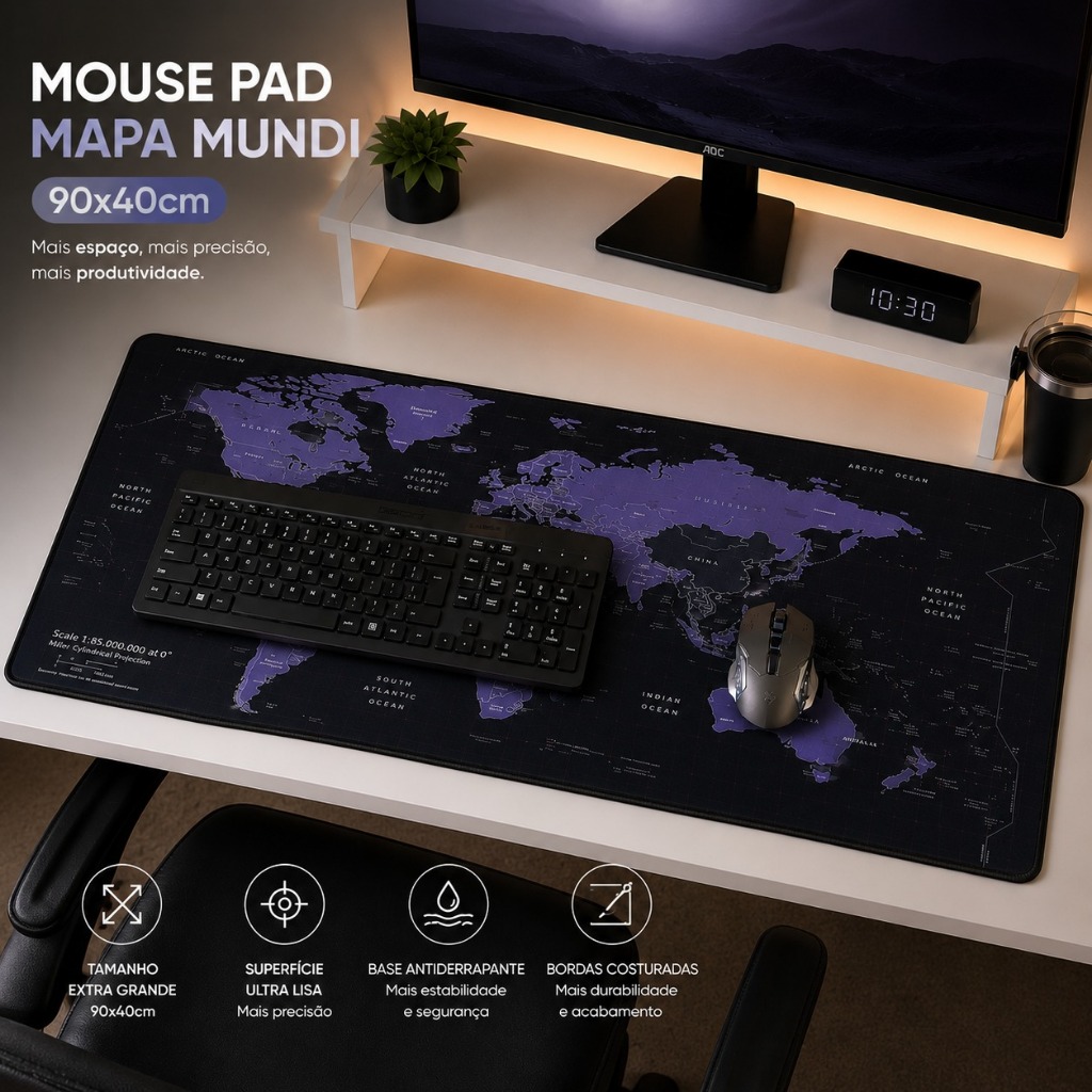 Mousepad Gamer Profissional 80x30 Desk Pad Mapa Mundi Azul Azul Mapa Mundi