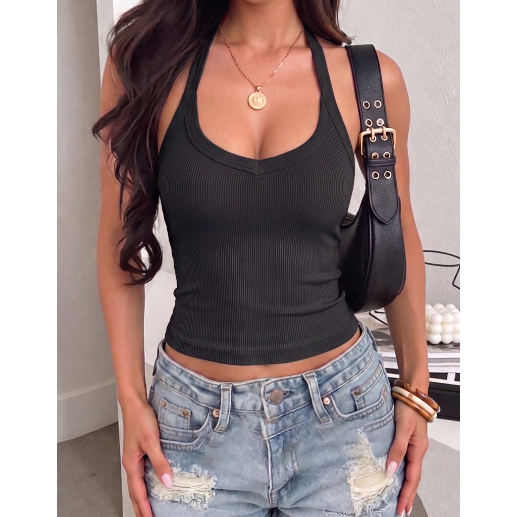 Blusinha Cropped Regata Canelado Costas Nua Blusa Feminina Básico 