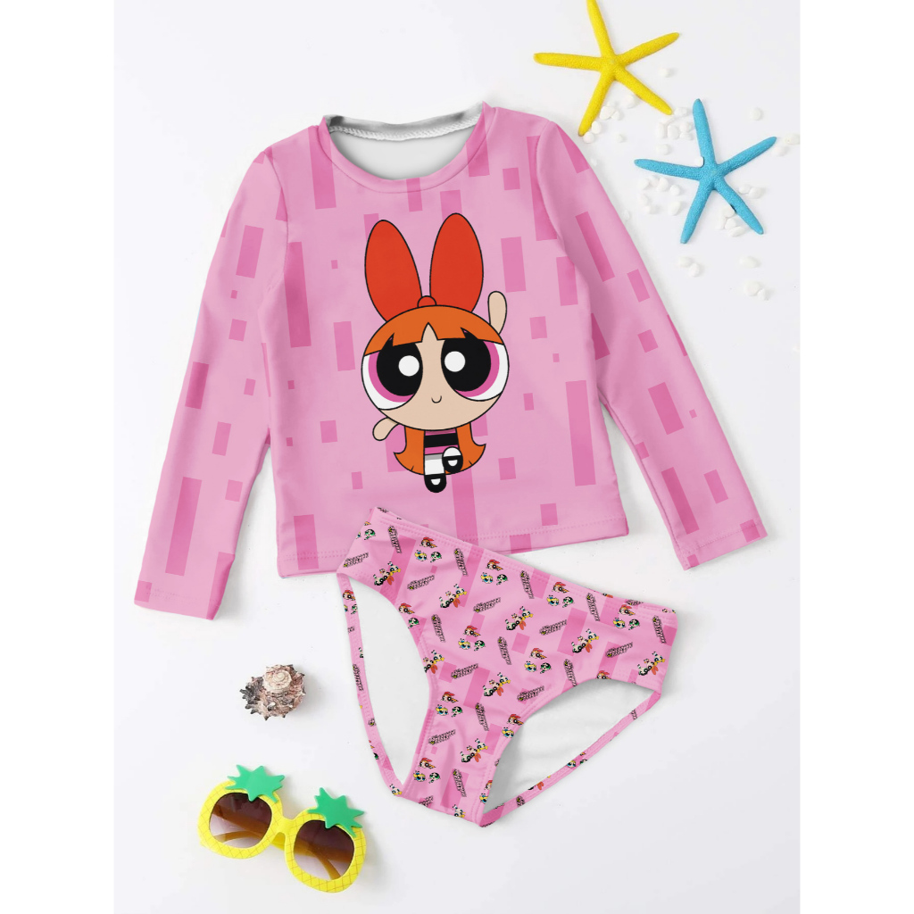 Kit Uv Feminino Infantil (camisa De Proteção + Biquíni) Personagem Menina Super Poderosas
