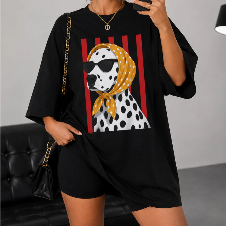 Camiseta Oversized Feminina Estampada Dalmatas Dog Fashion Dalamatian Print Blusão Premium Streetwear Algodão Casual