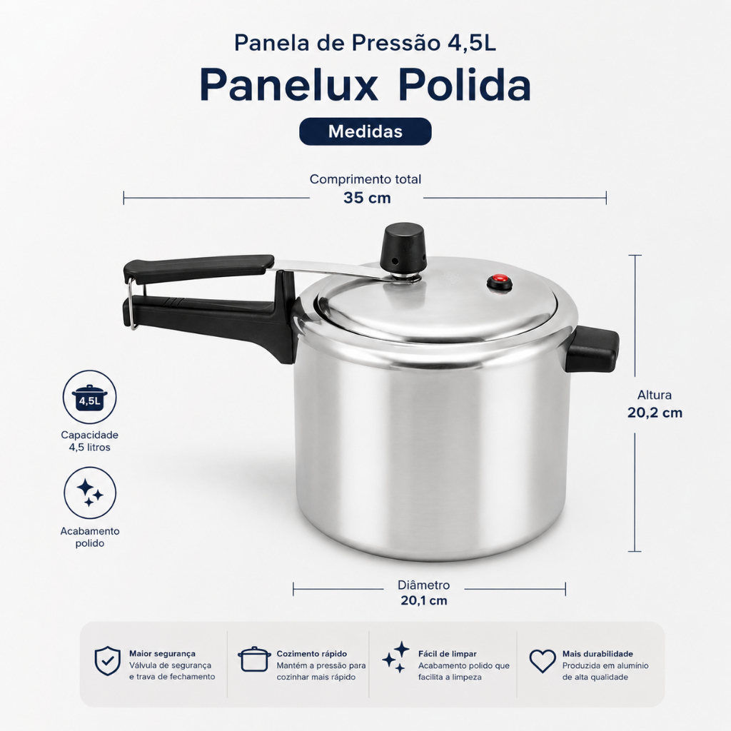 Panelux de 4,5 Litros Panela De Pressão Linha Classic Alto Brilho Perfeita Para Sua Cozinha