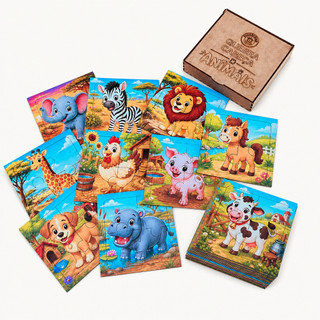 Kit com 10 Jogos Quebra Cabeça Infantil Animais Fazenda Safari Brinquedo Educativo 4 Peças Menino Menina MDF