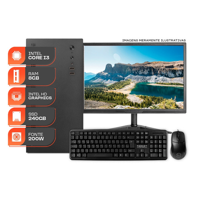PC Home Essential S, Intel Core i3, 8GB DE RAM, SSD 240GB, Completo com Monitor e Periféricos + Caixa de som
