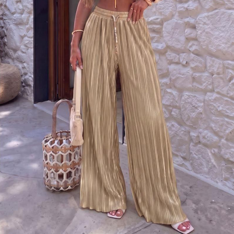 Calça Pantalona Wide Leg Plissada Feminina Cintura Alta Brilho Larga Elegante