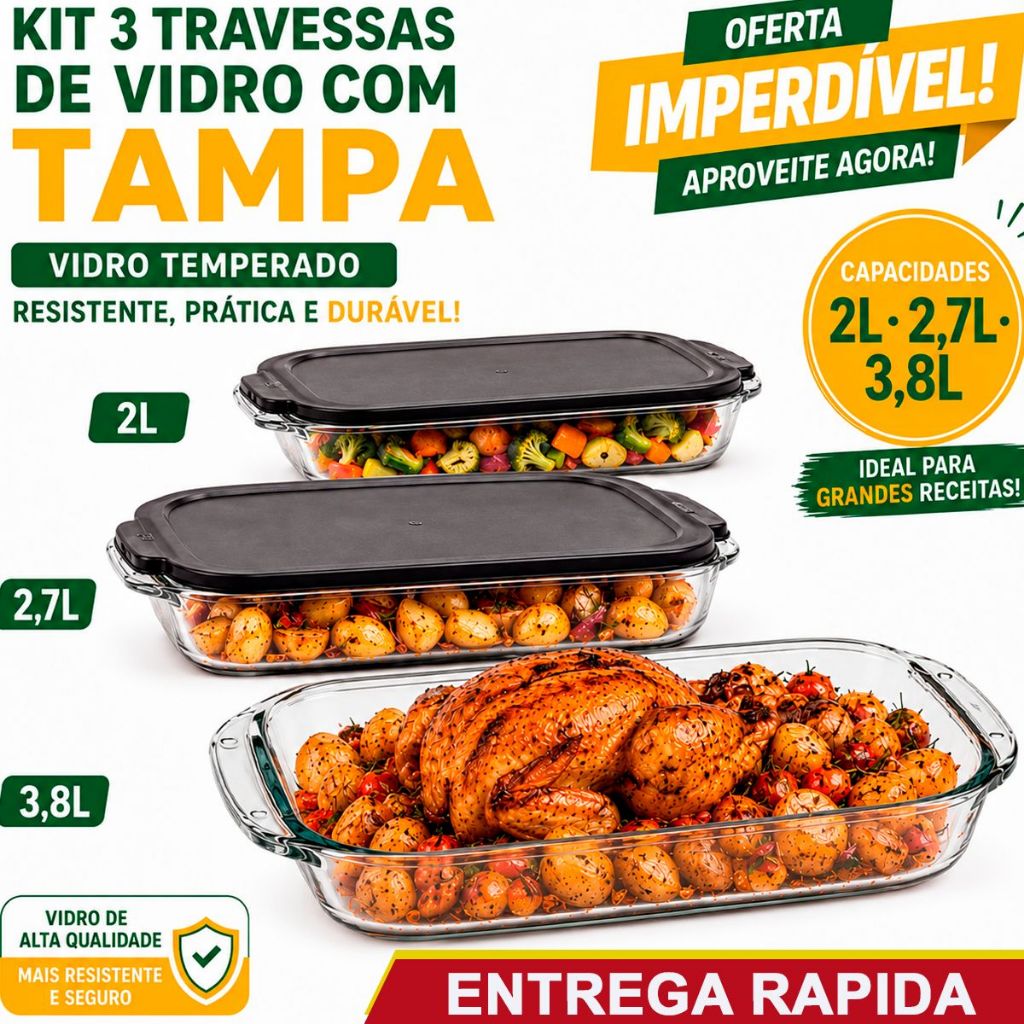 Kit Jogo 03 Assadeiras alta com tampa e Alça 2L, 2,7L e 3,8L Vidro Temperado Resistente
