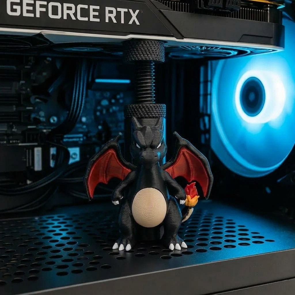 Suporte Placa de Vídeo GPU Ajustável  Charizard Shiny Pokémon Gamer Colecionável