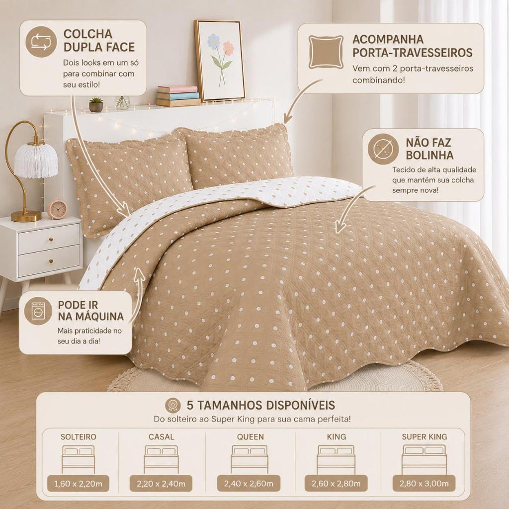 Colcha Cobre Leito Dupla Face Poá do Solteiro ao Super King Premium Luxo Com Porta Travesseiro