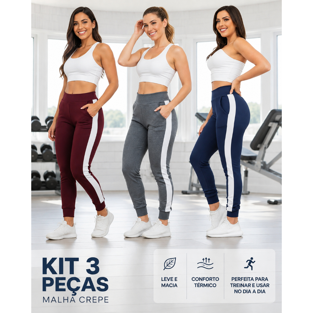 Kit 3 Calças Feminina Jogger Crepe Slim Com Listra Lateral Academia Calça Treino Funcional Elastano Cintura alta