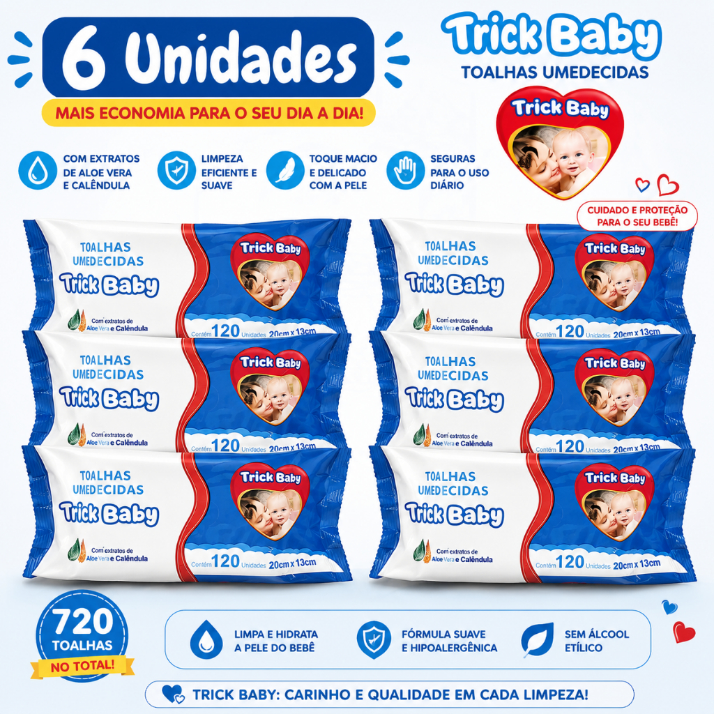 Kit 6 Pacotes Lenços Umedecidos Trick Baby 120 Unidades - Total 720 Toalhas - Aloe Vera e Calêndula