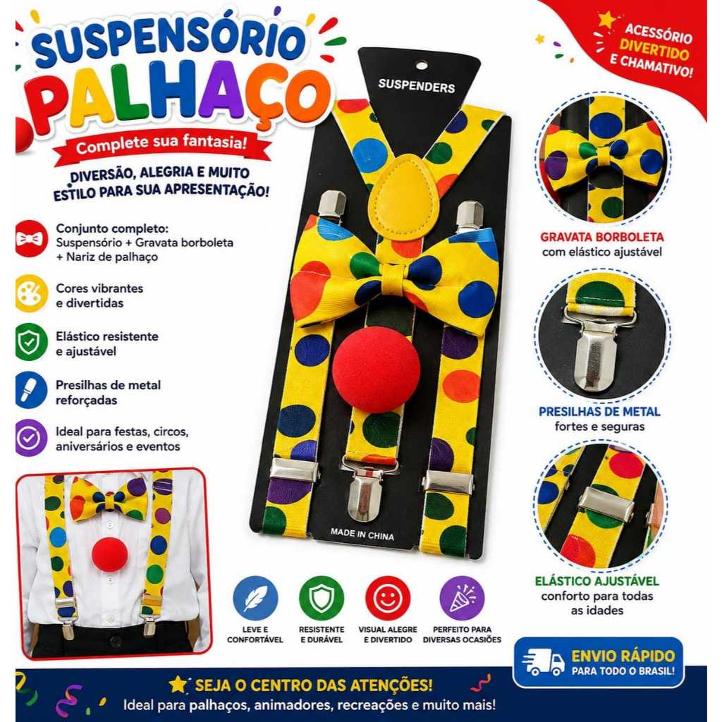 Kit Palhaço Infantil Suspensório Gravata Borboleta Nariz Festa Fantasia Carnaval