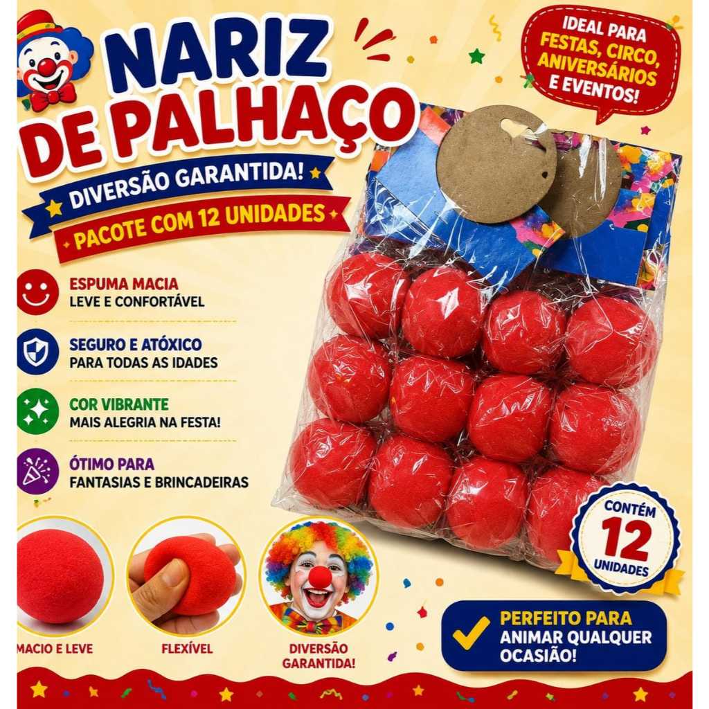 Nariz de Palhaço Espuma Vermelho Kit com 12 Unidades Fantasia Festa Circo Teatro
