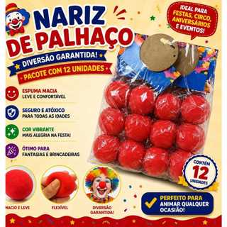 Nariz de Palhaço Espuma Vermelho Kit com 12 Unidades Fantasia Festa Circo Teatro