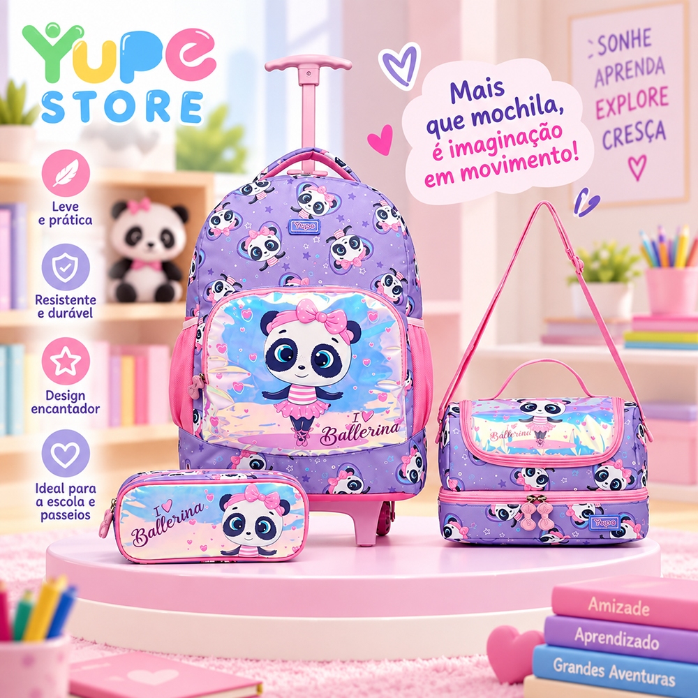 YUPE Kit Mochila Lancheira Estojo Infantil Feminina Escolar Panda