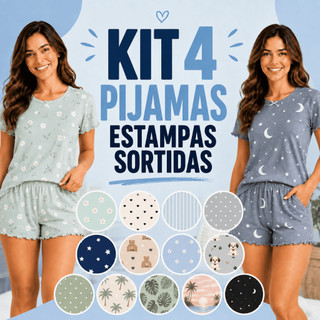 Combo 4 Pijamas Femininos Estampas Sortidas Verão Fresquinho Short Doll Babado Conforto P ao GG