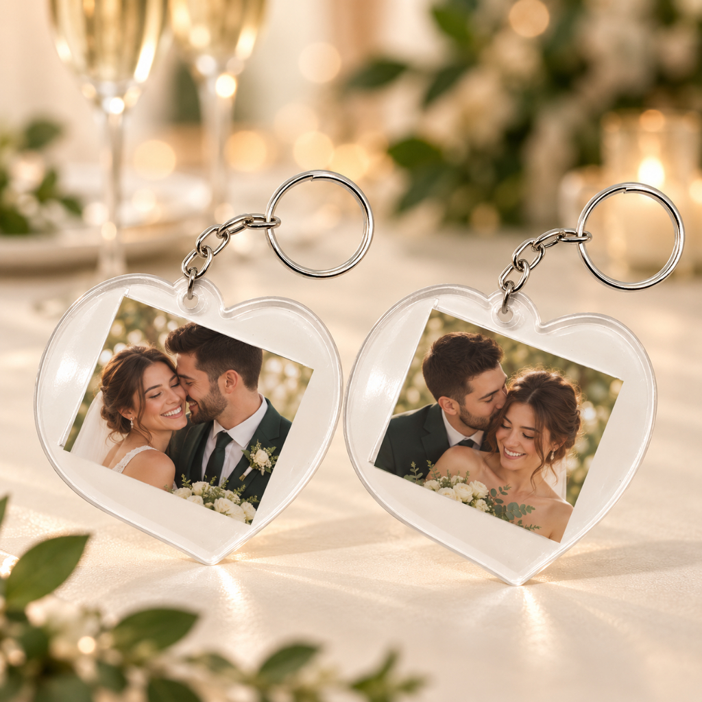 Kit Casamento 50 Chaveiros Personalizados + 100 Fotos 3x4 Coração Acrílico Lembrancinha