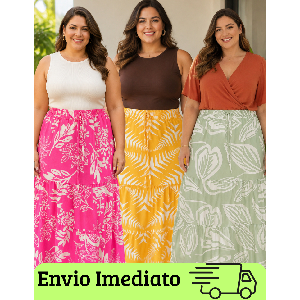 Saia Longa Feminina plus size e slim Leve Floral em Crepinho com Elástico Estampada 3 Marias Soltinha