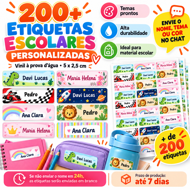200+ Etiquetas Adesivas Escolares em Vinil a Prova D'agua 5x2,5cm- cadernos,lapis, material escolar
