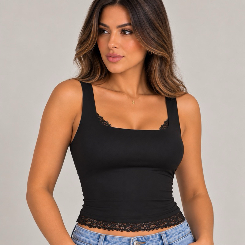 Blusa Regata Básica com Renda suplex toque de poliamida