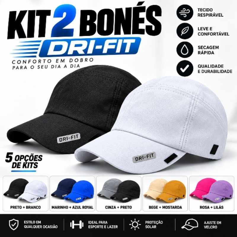 Kit 2 Bonés Dri-Fit Masculino Feminino Esportivo Respirável Leve Confortável Academia Corrida Proteção Solar Adulto Top