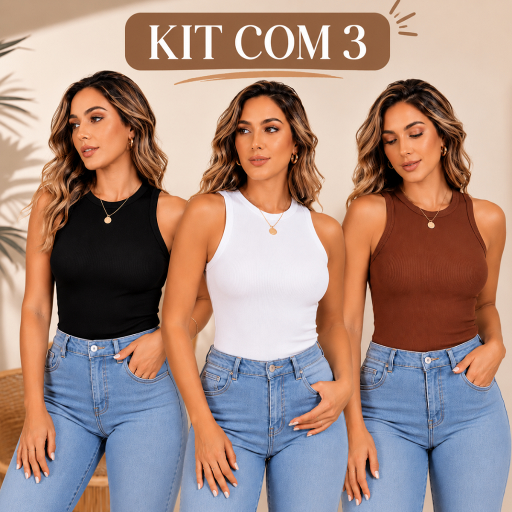 Kit 3 Regatas Femininas Caneladas Blusa Básica Gola Cavada Algodão Preta Branca Marrom