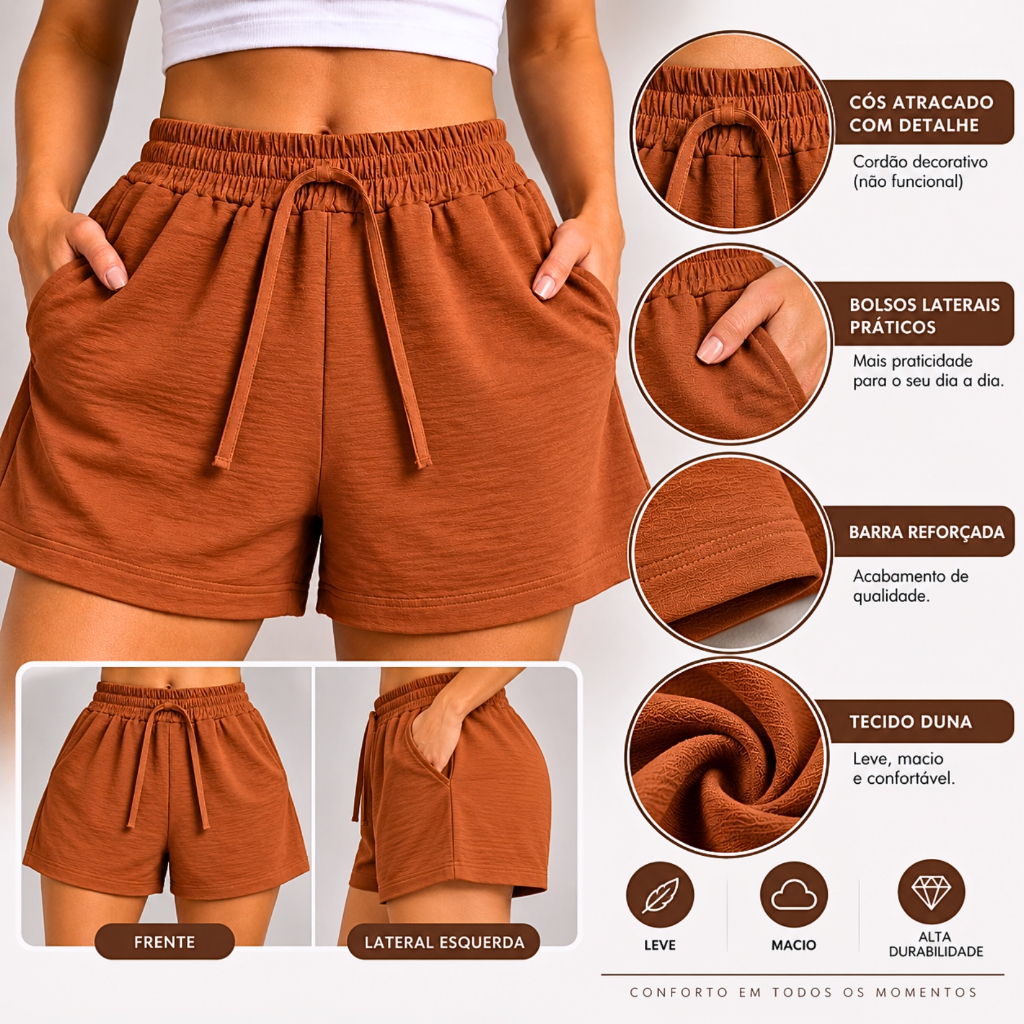 Short Feminino Duna Cintura Alta | Moda Casual, Tecido Leve e Confortável — imagem 2 de 2