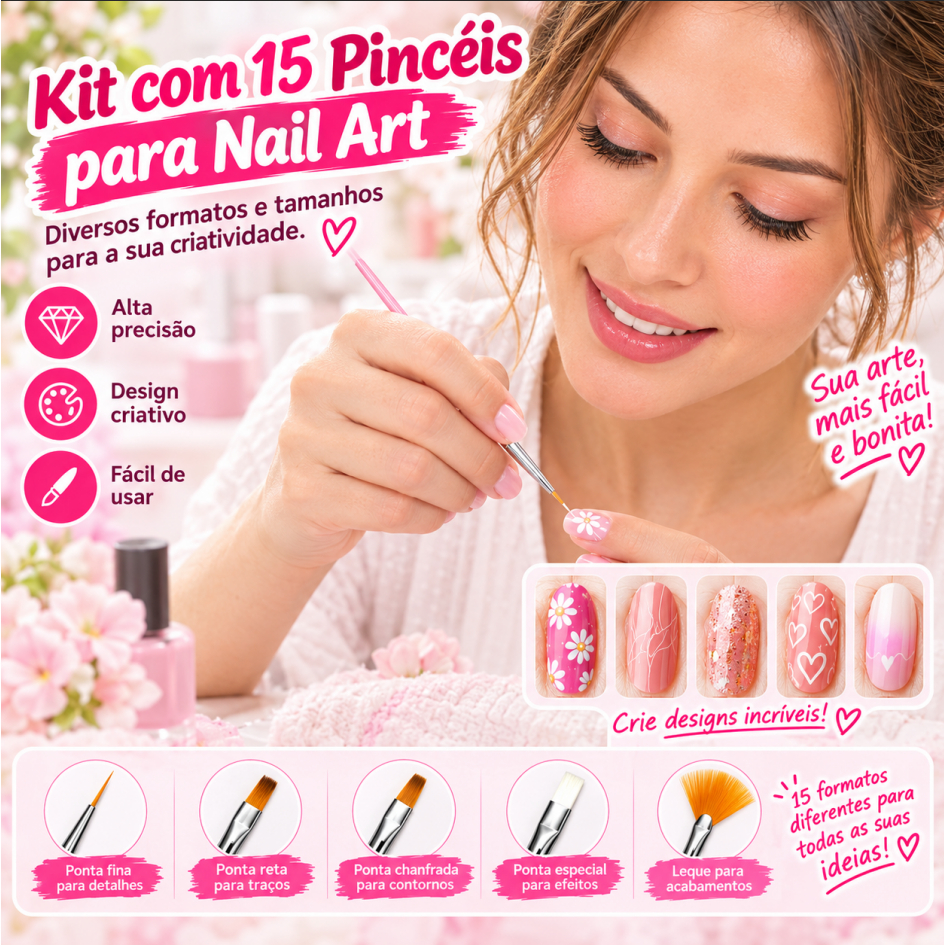 Kit 15 Pincéis para Unhas Rosa, Pincéis para Nail Art, Desen