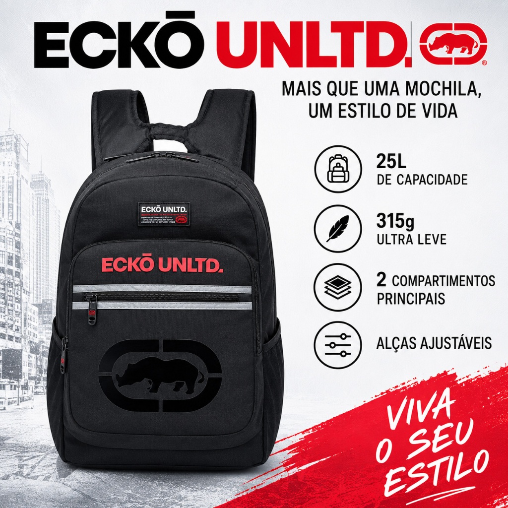 Mochila Ecko 25L Urbana Casual Leve com 2 Compartimentos e Bolsos Laterais para Faculdade e Dia a Dia