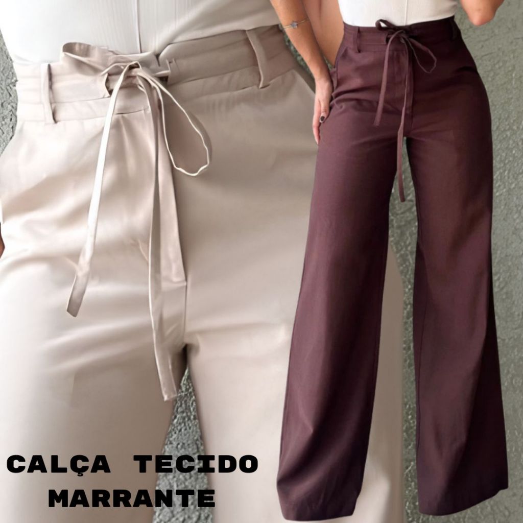 Calça Feminina PantalonaTecido Sensoriale Marrante Cintura Alta Com Amarração Elegância e Conforto M a G1