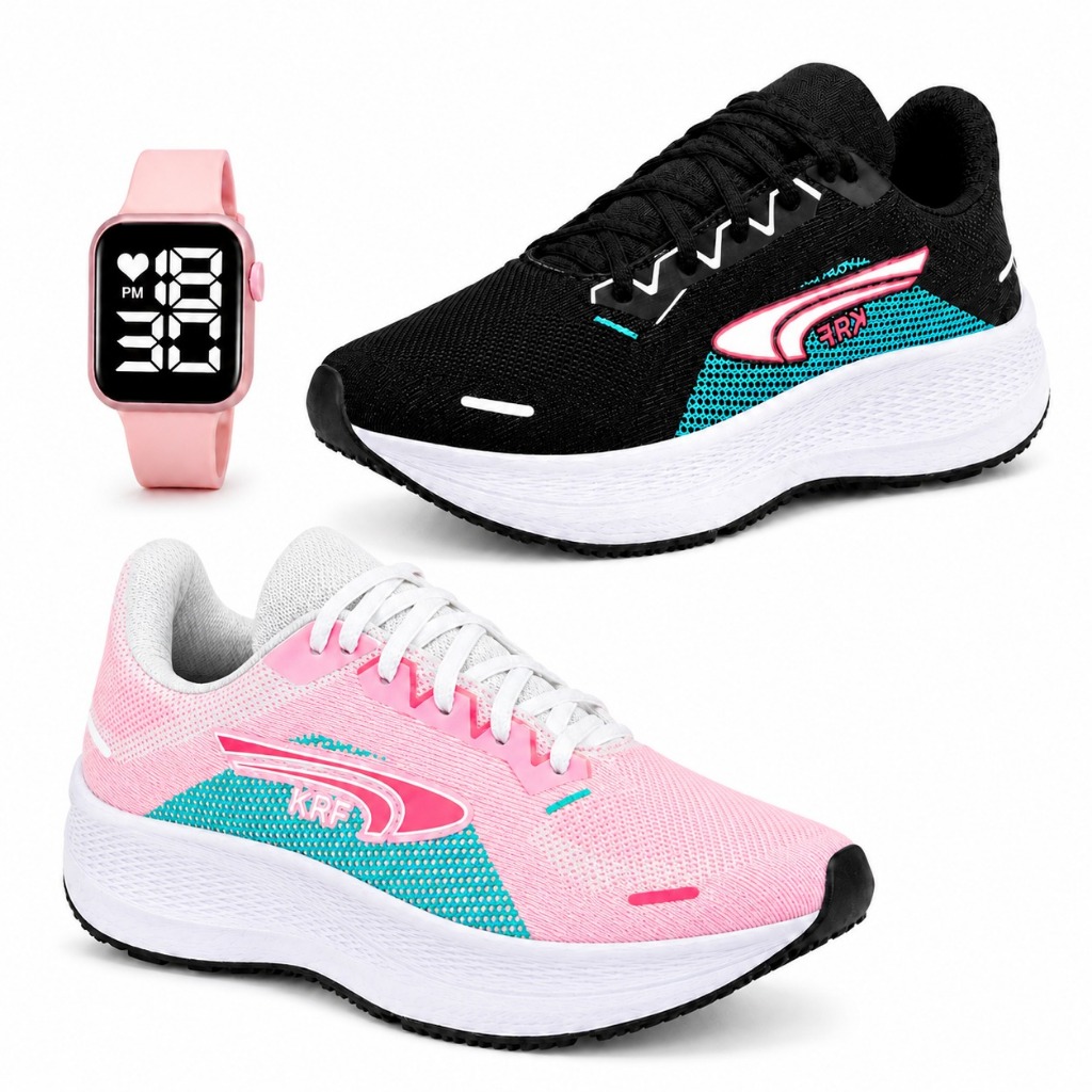 Kit 2 Pares Tênis Feminino + 1 Relógio | Confortável Leve Academia Caminhada Pilates Fitness