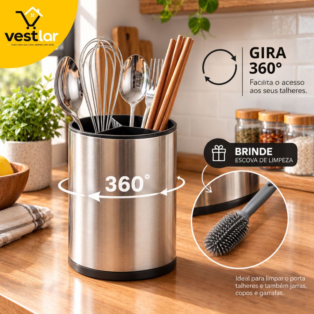 Porta Talheres Giratório Aço Inox Organizador de Bancada Cozinha Luxo Organizador de Pia