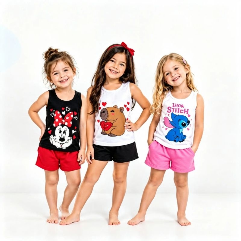 Pijama Infantil Estampa Sortida Kids Menina Criança Regata Estampado Verão Manga Curta Calor Roupa Dormir