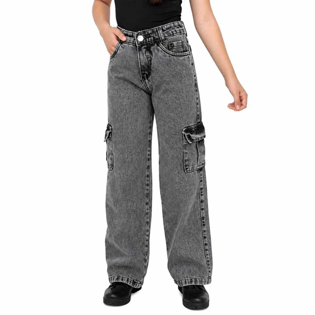 Calça jeans infantil wide leg cargo jeans juvenil menina cintura alta pantalona
