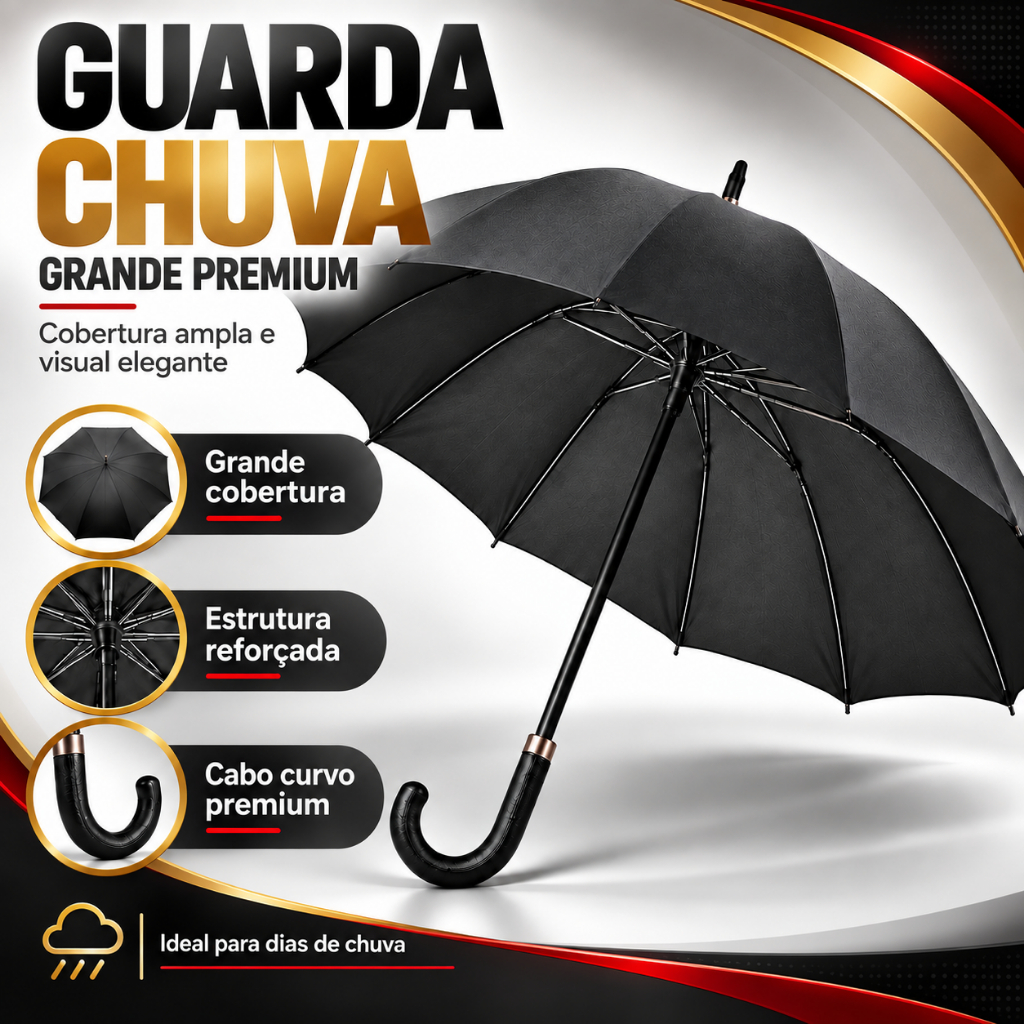 Guarda Chuva Grande Premium 100cm 8 Hastes Duplas Cabo Reforçado Punho Curvo Couro Sintético Ponta Metálica Costura Fina