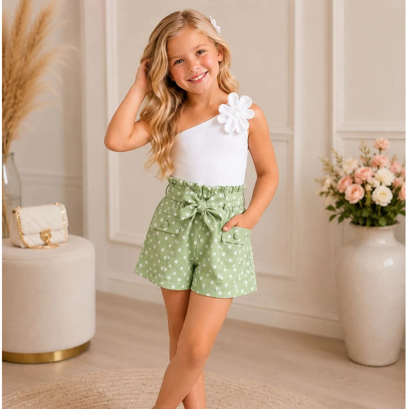 Conjunto feminino Infantil Blusa Flor Shorts Poá Blogueirinha  Luxo meninas shorts infantil menina poá bolinhas