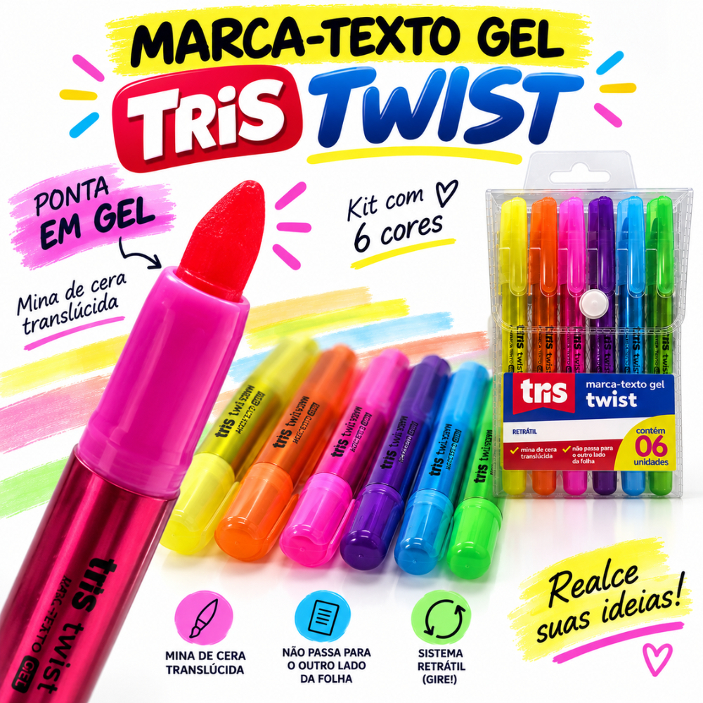 Marca Texto Gel Retrátil Tris Twist Kit 6 Cores Coloridas para Caderno Estudos Anotações e Trabalho