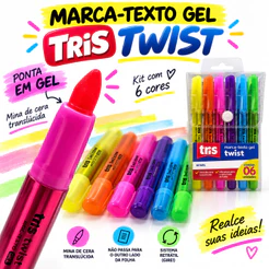 Marca Texto Gel Retrátil Tris Twist Kit 6 Cores Coloridas para Caderno Estudos Anotações e Trabalho