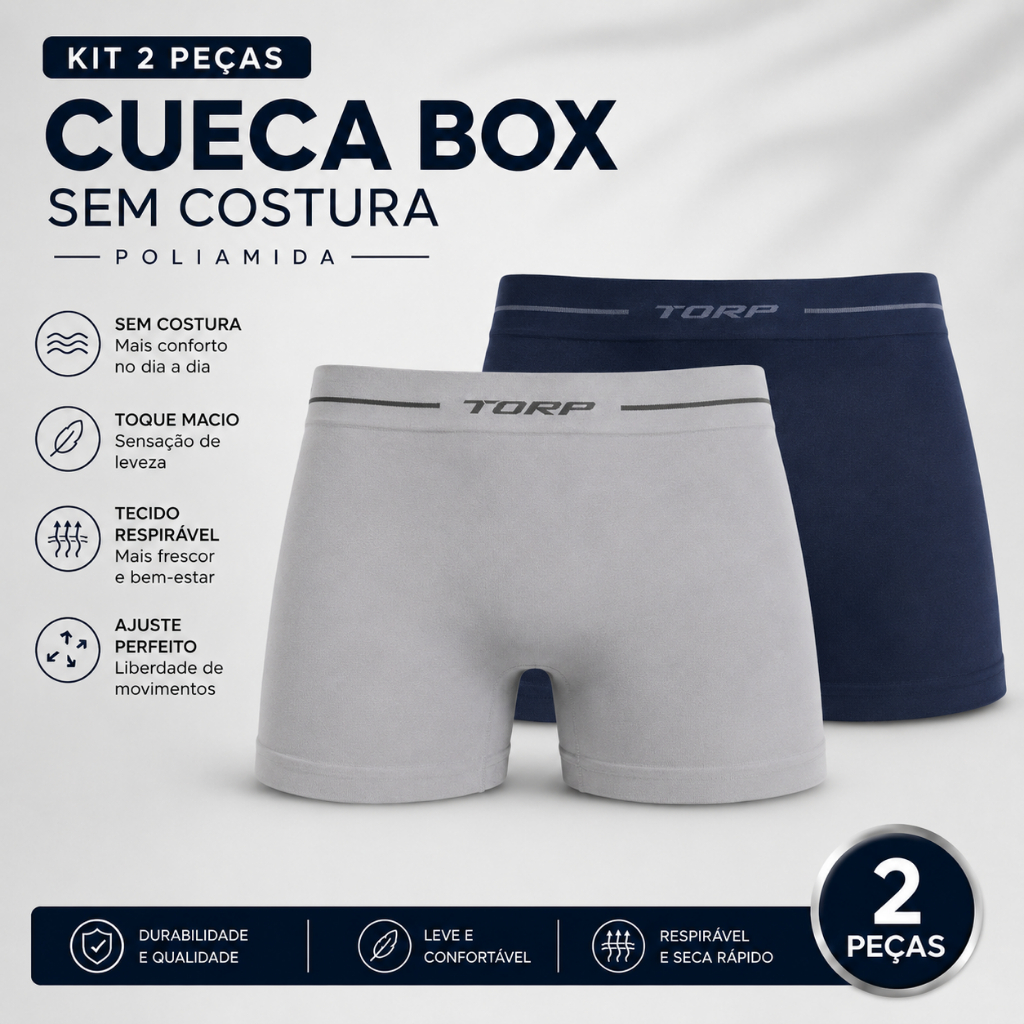 Kit 2 Cuecas Boxer Masculina Sem Costura Poliamida Microfibra Confortável Respirável TORP