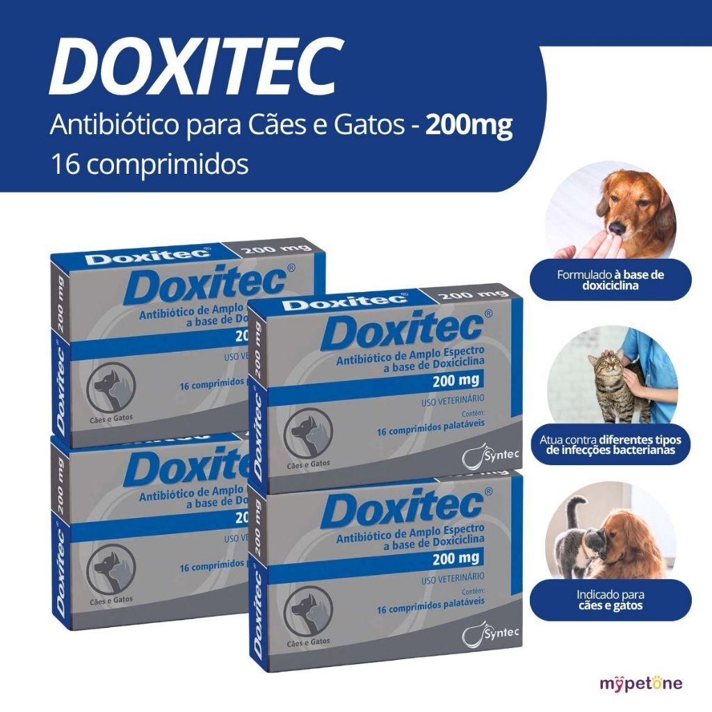 Kit 4 Doxitec 200mg Antibiótico Comprimido Para Cães e Gatos - Syntec