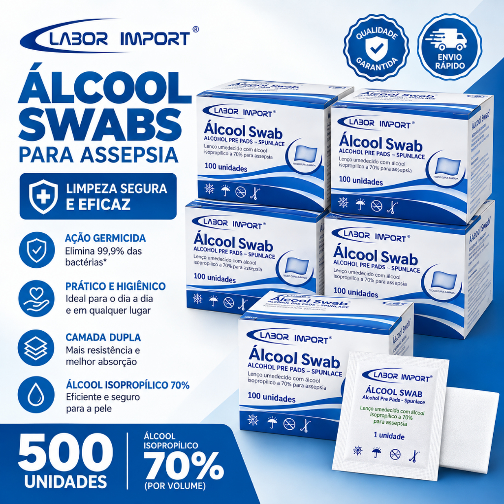 KIT Alcool Swab Isopropílico 70% Labor 500 Unidades Lenço Para Assepsia Sachê Dupla Camada Profissional