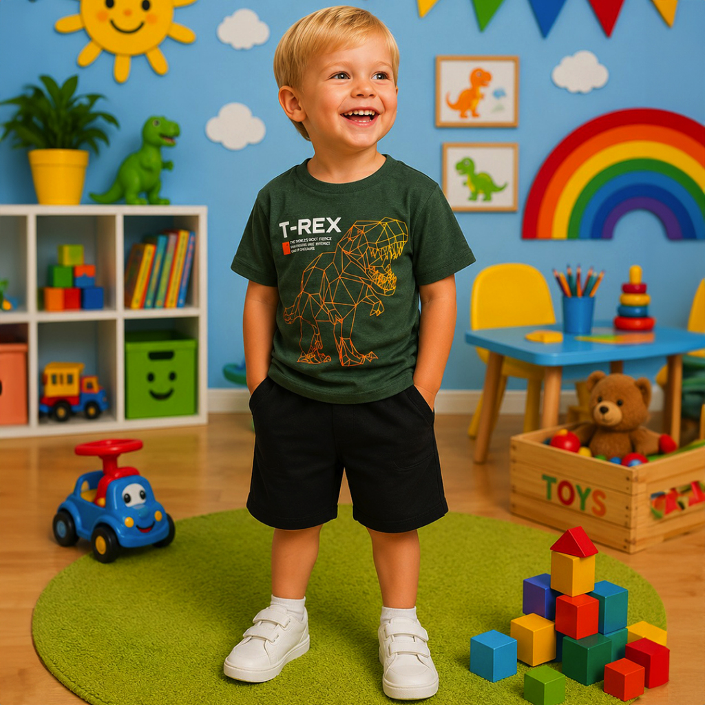 Conjunto Infantil Menino Juvenil Verão Estiloso bermuda e Blusa 100% algodão Veste Do 2 até 12 anos