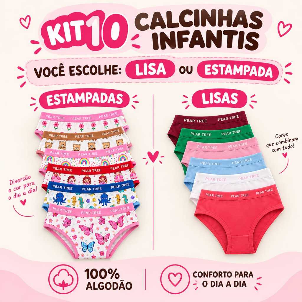 Kit 10 Calcinha Infantil Algodão Juvenil Menina Moça Conforto Cós Alto