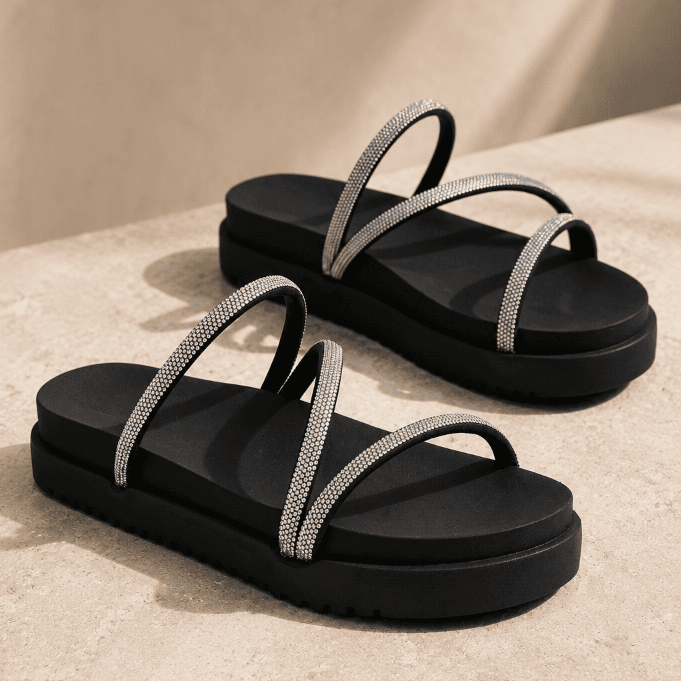 Papete Feminina Plataforma Flatform 3 Tiras Strass Brilho Sandália 2 em 1 Confortável Preta Off White